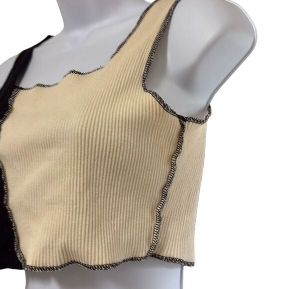 Storets S/M Black White Asymmetrical Colorblock Distressed Ribbed Crop Top - Picture 3 of 6